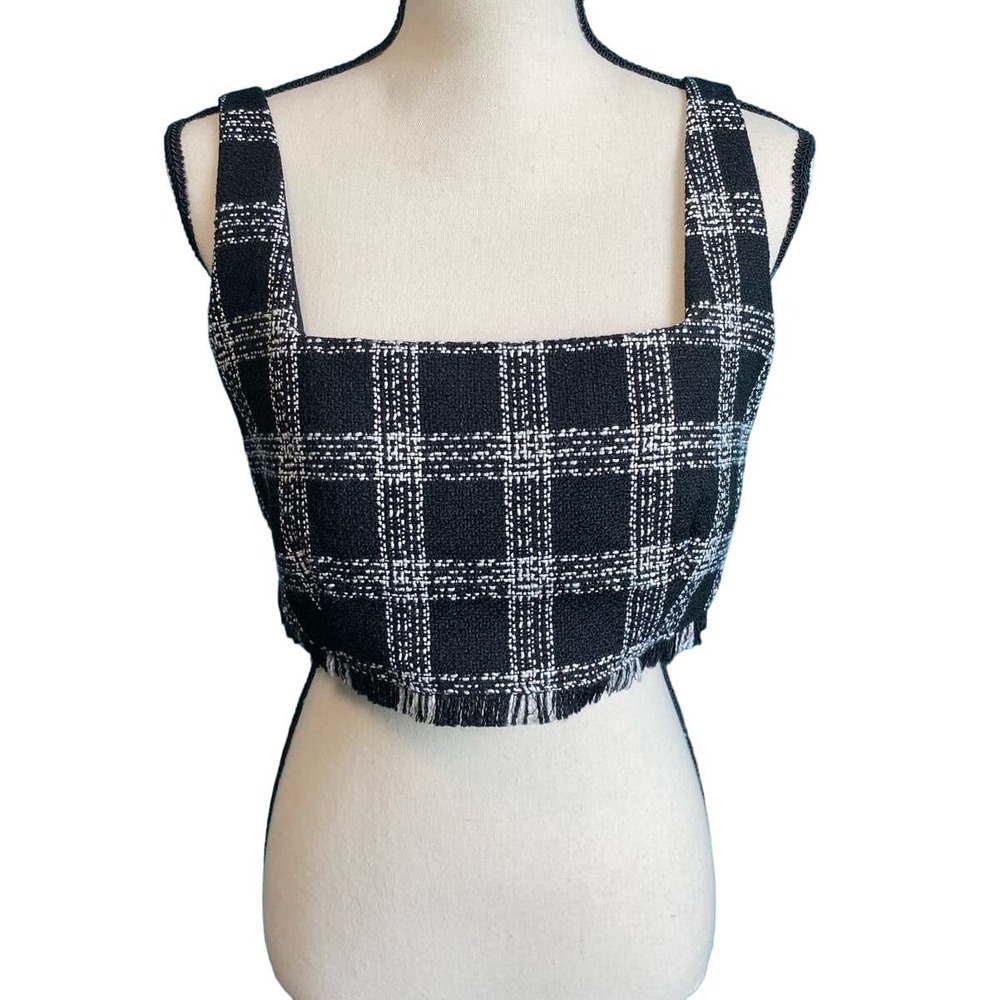 House of Harlow 1960 Plaid Tweed Crop Top Frayed Hem Large